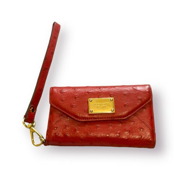 Michael Kors Red Vintage Wallet Ostrich‎ Skin Leather Small Wristlet Fairycore - Picture 1 of 5